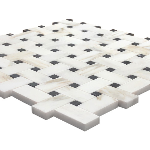 Calacatta Gold Italian Marble Basketweave Polished Mosaic Tile with Black Dots 