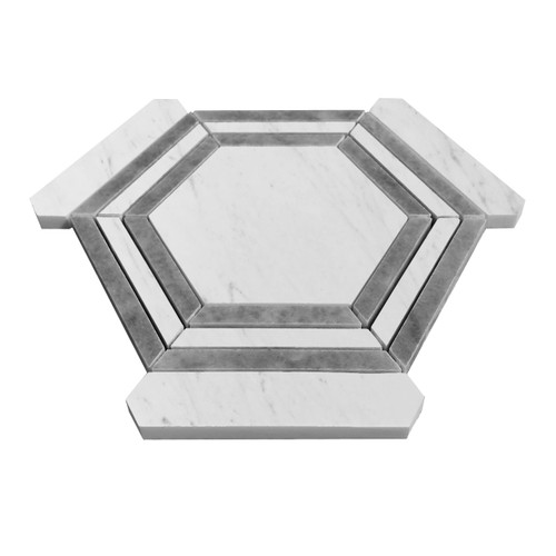 Carrara White Italian Polished Marble Georama Hexagon with Bardiglio Gray Strips Mosaic Tile