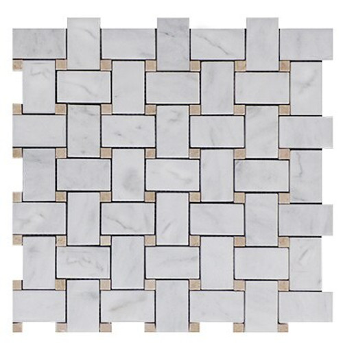White Bianco Carrara Basketweave Mosaic Tile with Crema Marfil Honed