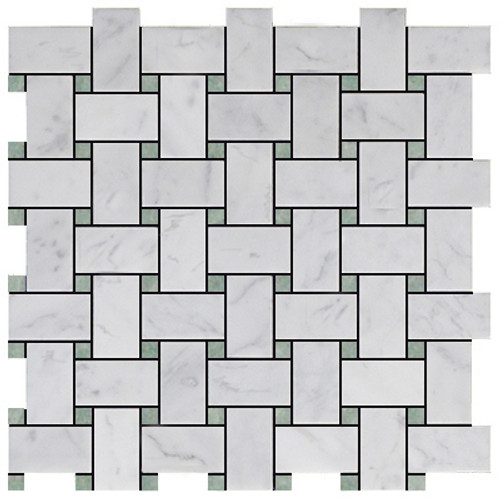 Italian White Carrera Marble Bianco Carrara Basketweave Mosaic Tile with Green Dots Polished