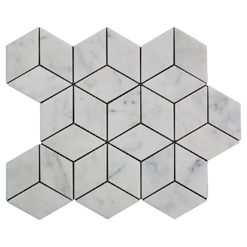 Italian White Carrera Marble Bianco Carrara Rhombus 3D Diamond Mosaic Tile Polished