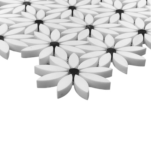 Bianco Dolomiti Marble With Nero Marquina Black Accent Daisy Flower Waterjet Polished Mosaic Tile 