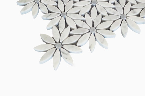 Carrara White Marble With Bardiglio Gray Center Accent Daisy Flower Waterjet Mosaic Tile 