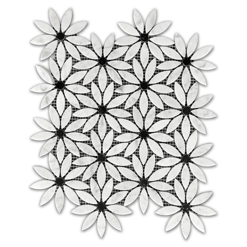 Carrara White Marble With Nero Marquina Black Center Accent Daisy Flower Waterjet Mosaic Tile Honed