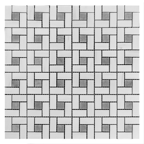 Bianco Dolomiti Marble Target Pinwheel Mosaic Tile with Bardiglio Gray Dots Honed