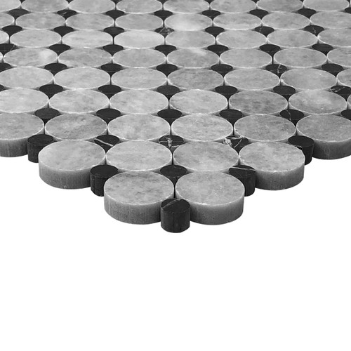 Bardiglio Gray Marble Penny Circles Honed Mosaic Tile with Nero Marquina Black Circles 