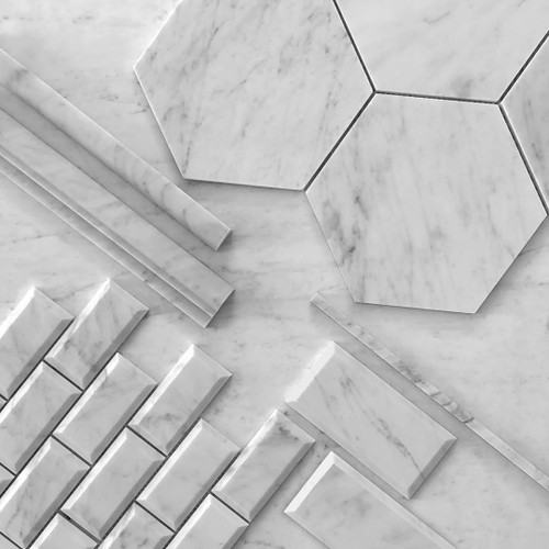 Carrara White Italian Marble 7” Hexagon Mosaic Tile Honed Combination Carrara White Italian Marble 7” Hexagon Mosaic Tile Honed Combination