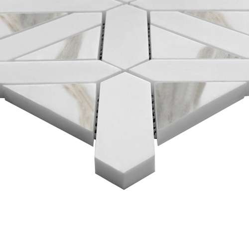 Calacatta Gold Italian Marble Geometrica Honed Mosaic Tile with Bianco Dolomiti Triangles