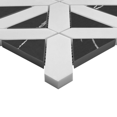 Bianco Dolomiti Marble Geometrica Polished Mosaic Tile with Nero Marquina Black Triangles