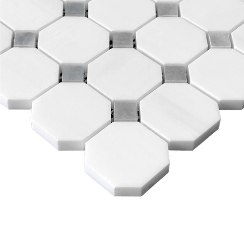 Bianco Dolomiti Marble Octagon with Bardiglio Dots Honed Mosaic Tile
