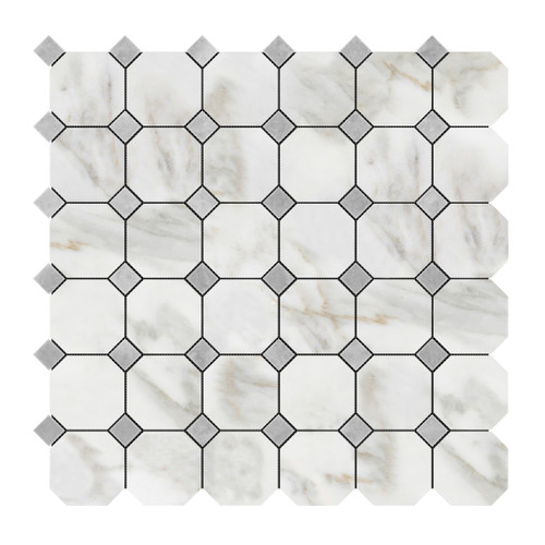 Calacatta Gold Marble Octagon with Bardiglio Dots Mosaic Tile Polished