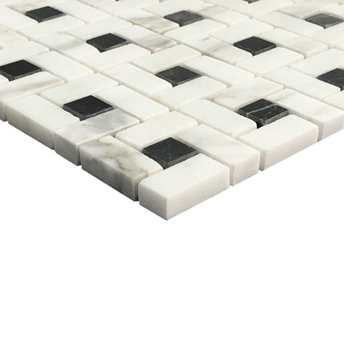 Calacatta Gold Italian Marble Target Pinwheel Honed Mosaic Tile with Black Dots 