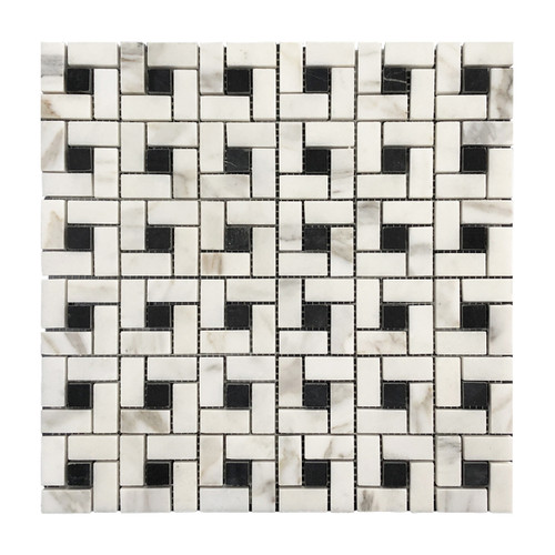 Calacatta Gold Italian Marble Target Pinwheel Mosaic Tile with Black Dots Honed