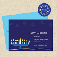 Shown with optional bright blue envelope and matching return address label