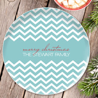 Fancy Zig Zags Blue Personalized Christmas plates