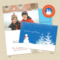 Shown with bright blue envelope and matching return address label