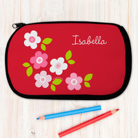 Orange Preppy Flowers Personalized Pencil Case For Kids
