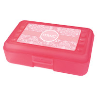 initials on pink damask pencil box for kids