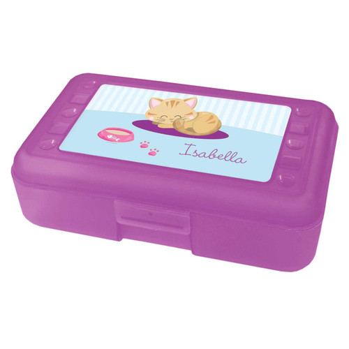 Spark & Spark Cute Little Kitten Pencil Box, purple plastic stationery storage box with a cute kitten illustration and the name Isabella on top.