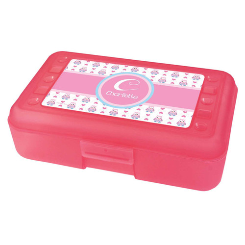 Spark & Spark Owl Love Pencil Box, pink plastic pencil box with owl and heart design on the lid, customized with the name Charlotte.