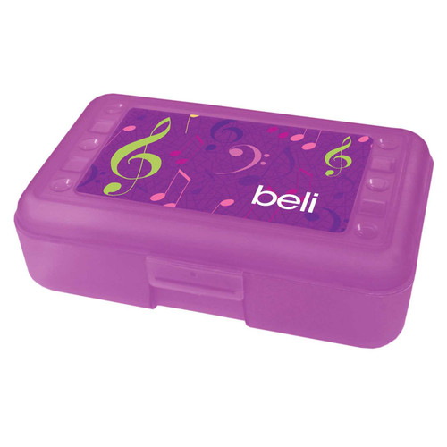 Spark & Spark Girly Music Notes Pencil Box, a pink plastic pencil case with a colorful musical notes design and the brand name 'beli' on the lid.