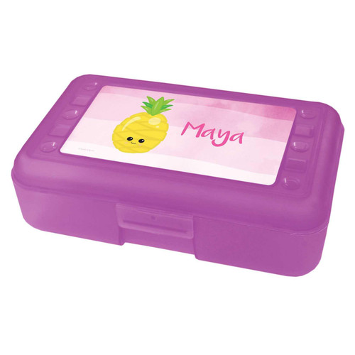 Spark & Spark Yummy Pineapple Pencil Box, purple plastic pencil case with a colorful pineapple illustration and the name Maya on the label.