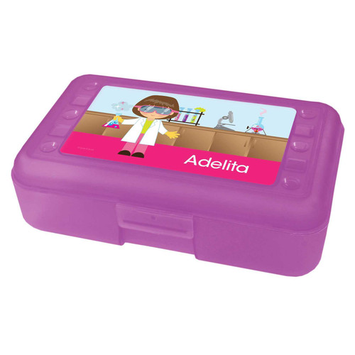 Spark & Spark Cute Scientist Girl Pencil Box, purple plastic pencil case featuring a cartoon girl scientist with scientific equipment on the cover.