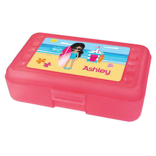 Spark & Spark Beach Girl Pencil Box, pink plastic pencil case with a colorful beach-themed illustration and the name Ashley on it.