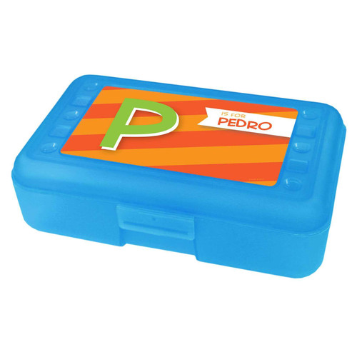 Spark & Spark Brilliant Initial Orange Pencil Box, bright blue plastic pencil case with an orange and white label featuring the letter P and the phrase 'is for Pedro' for organizing children's stationery and school supplies.