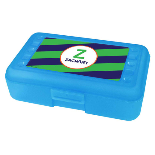 Spark & Spark Fun Initials Green Pencil Box, blue plastic pencil box with personalized green and navy stripes and a white oval label with the letter 'Z' and the name 'ZACHARY'