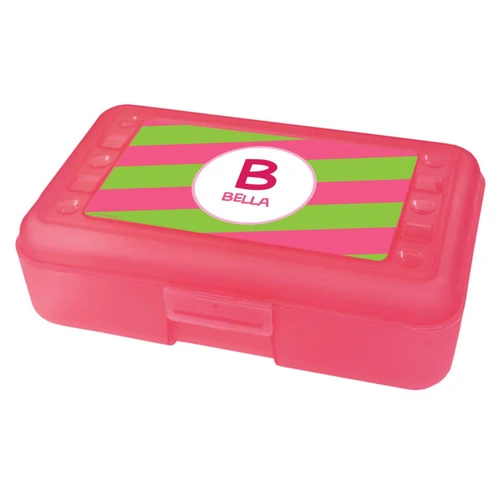 Spark & Spark Fun Initials Pink Pencil Box, Pink plastic pencil case with personalized 'B Bella' initials on the lid.