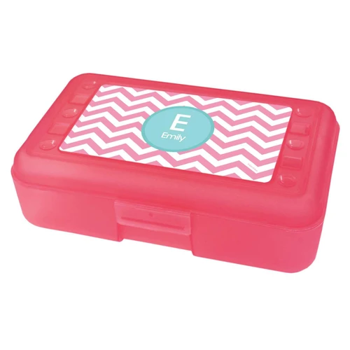Spark & Spark Chevron Pink and Aqua Pencil Box, Pink plastic pencil box with a chevron pattern lid featuring the letter E and the name Emily.