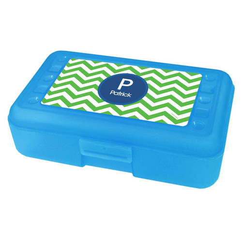 Spark & Spark Chevron Green And Blue Pencil Box, blue plastic pencil case with green and white chevron pattern on the lid and a blue circle with the letter P and the name Patrick.