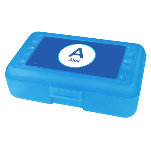 Spark & Spark A Linen Blue Letter Pencil Box, rectangular blue storage box with a lid featuring an 'A' logo and the name 'Alex', ideal for organizing pencils, pens, and stationery.