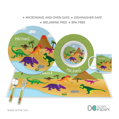 Spark & Spark Dinosaurs in the Jungle Kids Placemats, colorful dinosaur-themed children’s placemats with dinosaurs, volcano, and jungle scenery design.