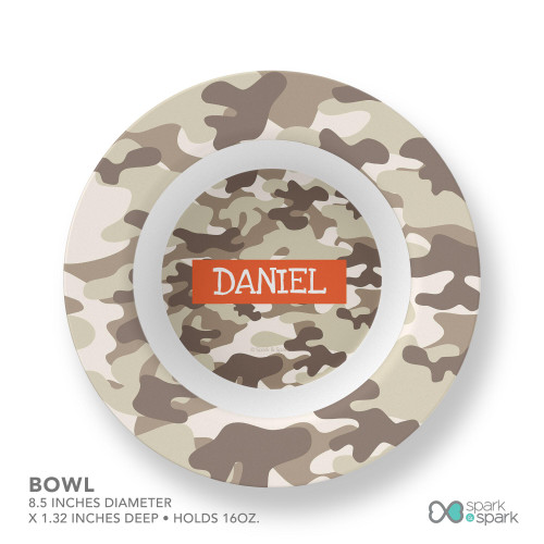 Spark & Spark Brown Camouflage Kids Placemats, round camouflage pattern placemats with a customizable name area.
