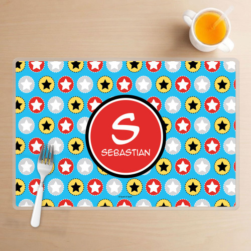 Spark & Spark Super Hero Stars Kids Placemats, colorful kids placemats with star pattern and a personalized name in a red circle design.