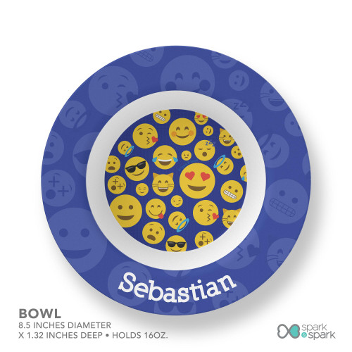Spark & Spark Boy Emojis Kids Placemat, Blue round child-friendly table placemat featuring various yellow emoji faces with different expressions, personalized with the name Sebastian.