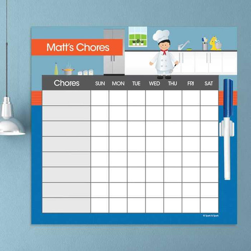 Spark & Spark A Boys Chef's Taste Chore Chart, colorful weekly kitchen chores chart for children with spaces for daily tasks.