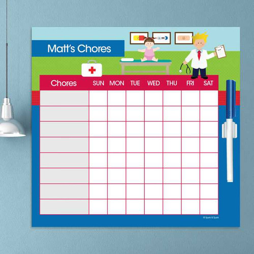 Spark & Spark Boy Doctor's Visit Chore Chart, a children's chore chart with a colorful medical-themed design and a dry erase marker on the side.