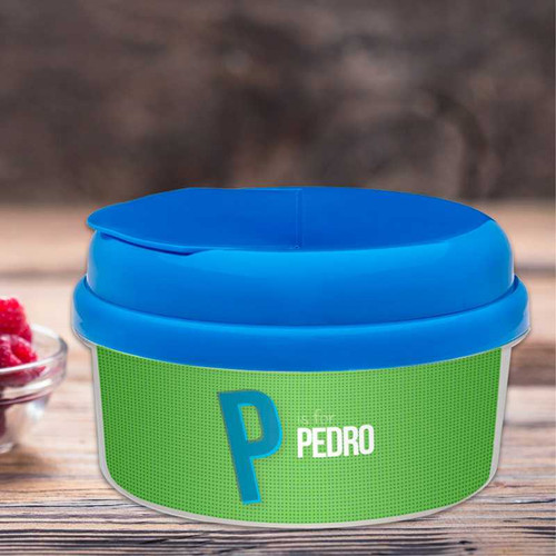 Spark & Spark Double Initial Green Snack Bowl, blue and green snack container with personalized initial and name, perfect for serving snacks or storing small foods.