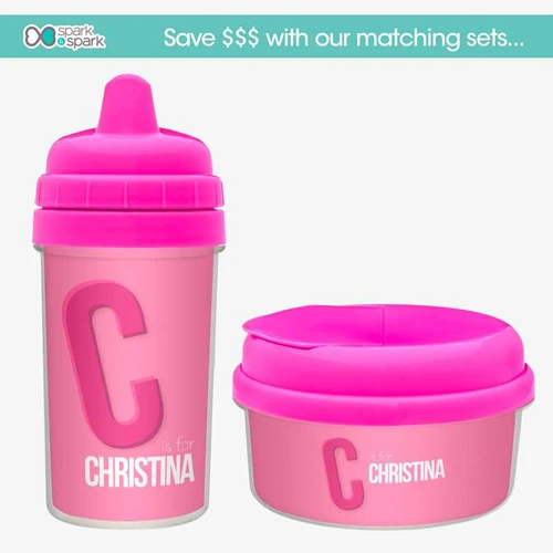 Spark & Spark Double Initial Pink Sippy Cup, pink sippy cup with a large letter C and the name Christina on it.