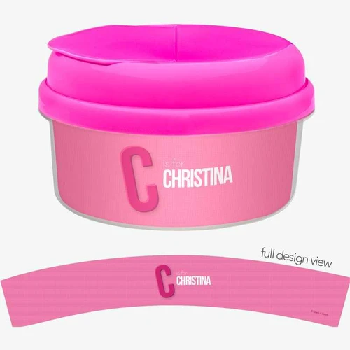 Spark & Spark Double Initial Pink Snack Bowl, a pink snack bowl with a lid featuring a personalized letter 'C' and the name Christina, suitable for children.