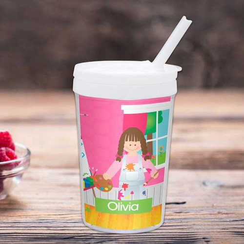 Spark & Spark Artist at Work Toddler Cup, illustrated pink and white kid's cup with a girl holding a paint palette and brushes, featuring a window view and personalized with the name Olivia.