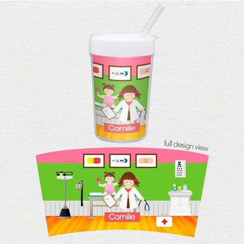 Spark & Spark Doctor's Visit Toddler Cup, colorful cup featuring a pediatrician and child themed design with medical and exam room illustrations.