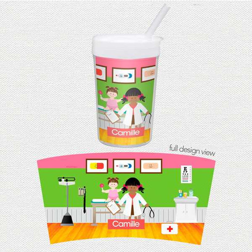 Spark & Spark Doctor's Visit Toddler Cup, illustrated cup featuring a doctor and a girl in a medical setting with a green background and medical equipment.
