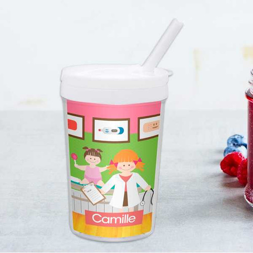 Spark & Spark Doctor's Visit Toddler Cup, colorful plastic cup with a straw and a doctor-themed design featuring a nurse character and medical illustrations.