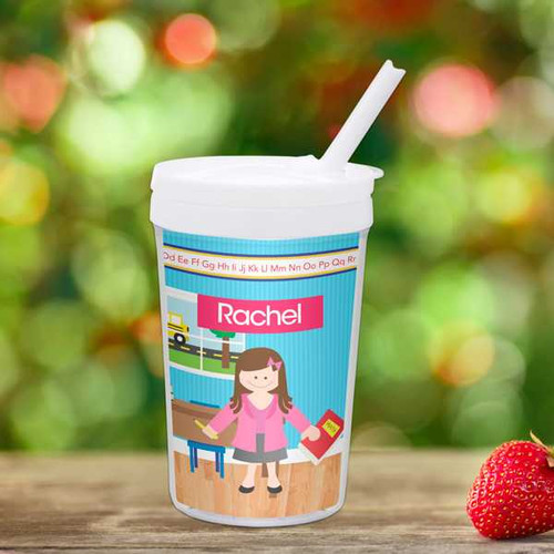 Spark & Spark Learning Time Toddler Cup with personalized name Rachel, featuring a colorful design of a girl in a classroom setting on a white background.