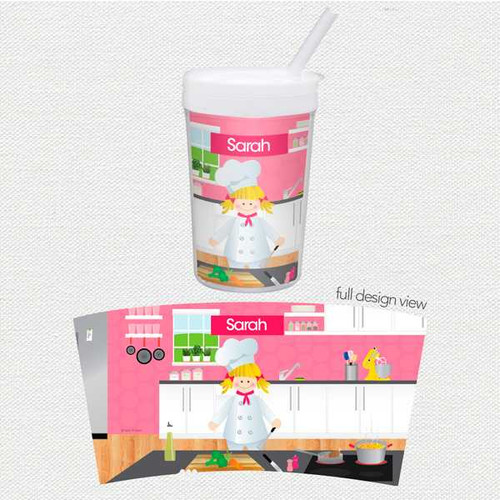 Spark & Spark A Girl Chef's Taste Toddler Cup with Pink Chef Design, featuring a cartoon girl chef on a kitchen background.