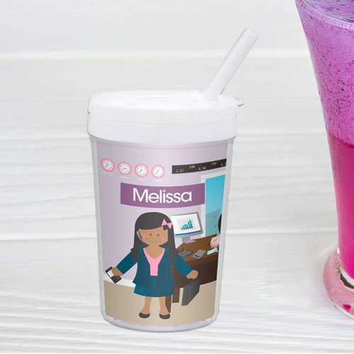 Spark & Spark A Girl Crunching Numbers Toddler Cup, purple and white plastic cup with a straw and cartoon girl illustration, personalized with the name Melissa.